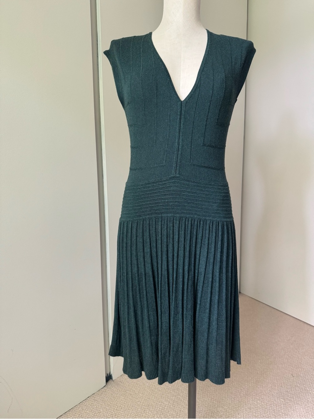 Max Studio Knit Drop Waist 20s Deco Style Dark Green Dress M